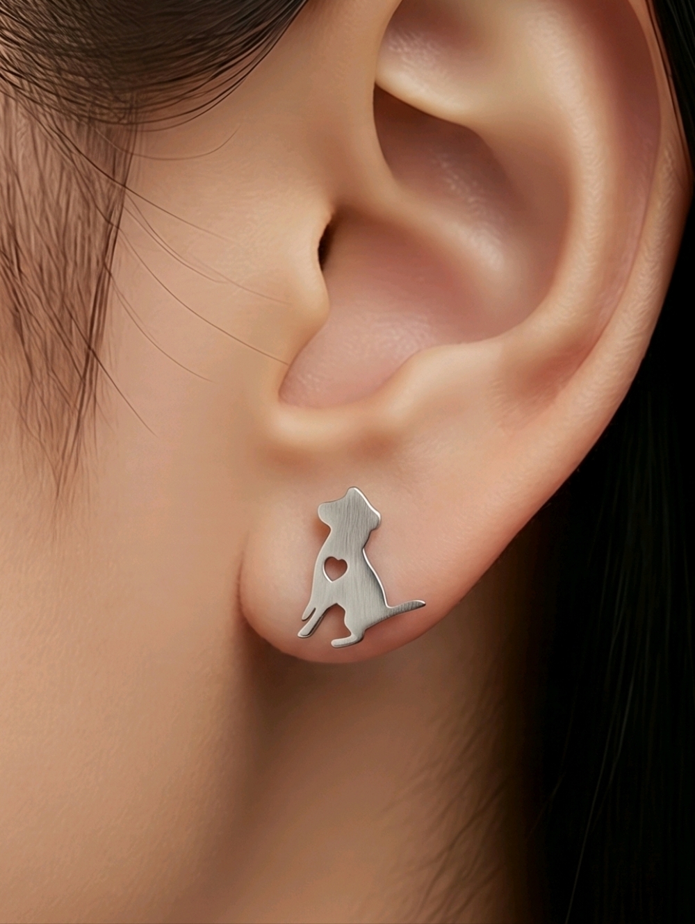 Silver Dog Stud Earrings Heart Cutout Dainty Stainless Steel Pet Love Meaningful